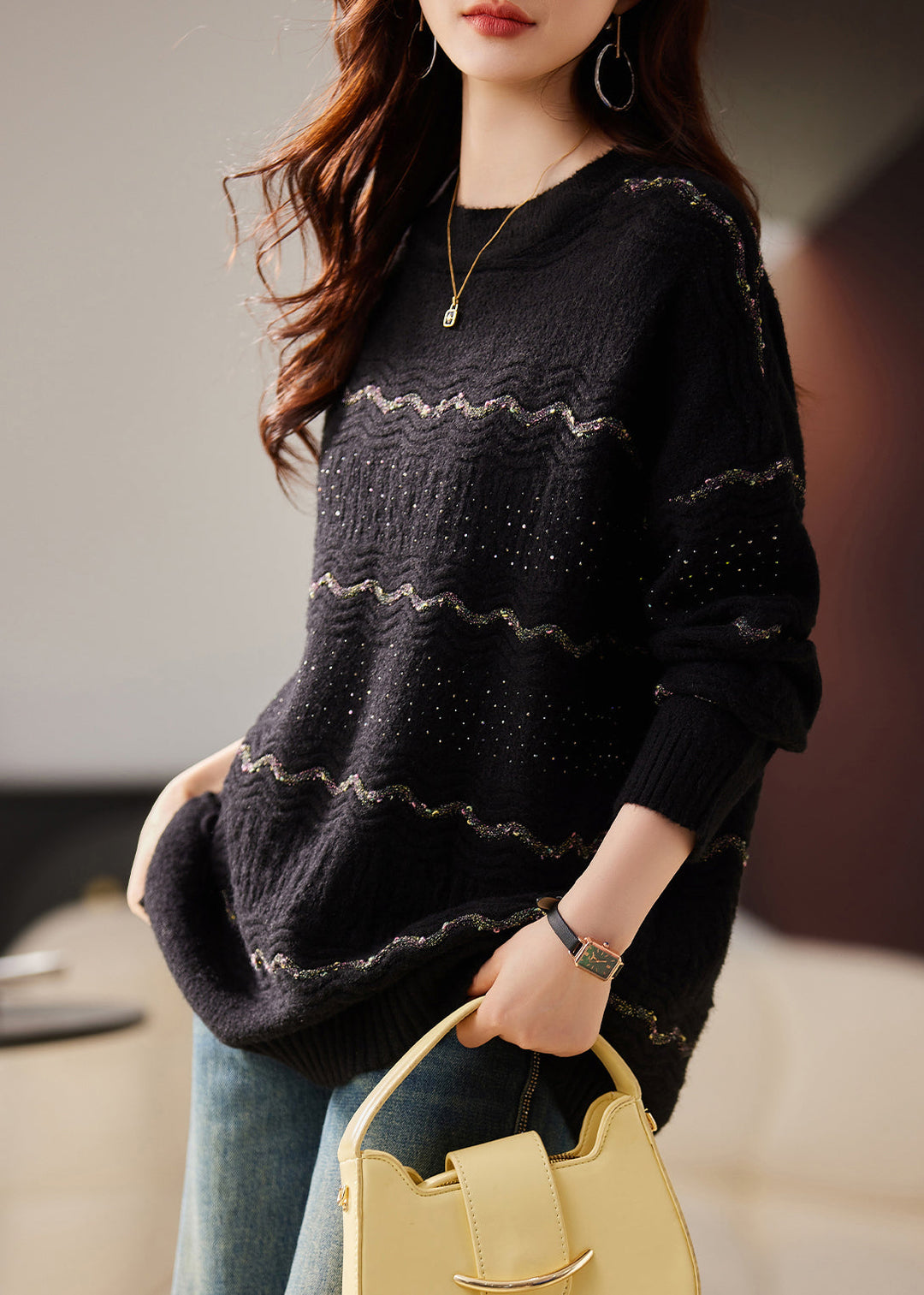 French Black Oversized Thick Knit Short Sweater Winter