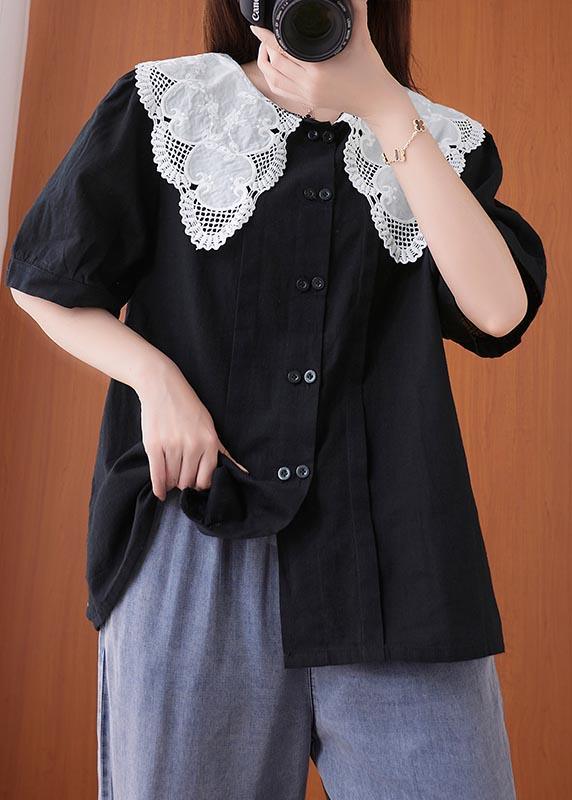 French Black Patchwork Lace Cotton Linen Shirt Top Summer - Omychic