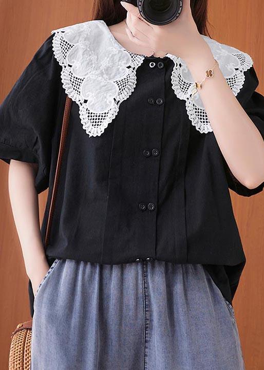 French Black Patchwork Lace Cotton Linen Shirt Top Summer - Omychic