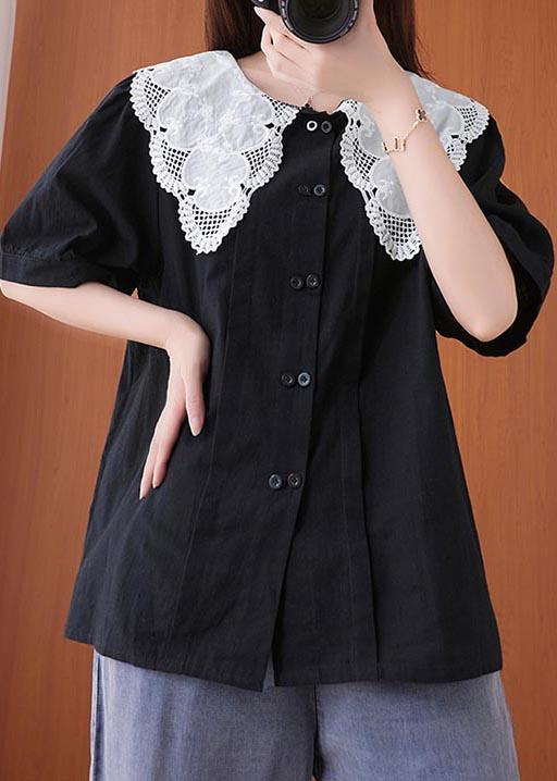 French Black Patchwork Lace Cotton Linen Shirt Top Summer - Omychic