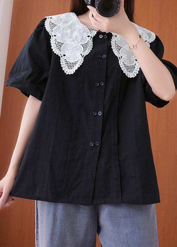 French Black Patchwork Lace Cotton Linen Shirt Top Summer - Omychic