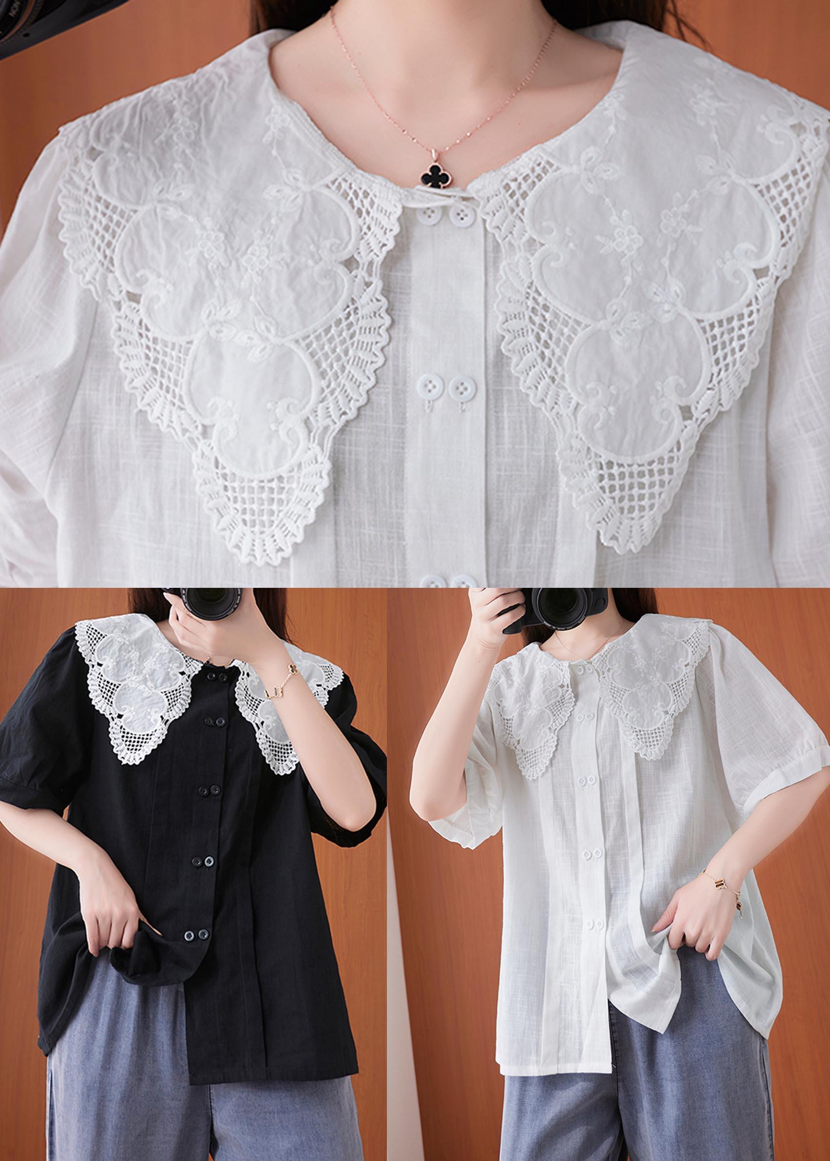French Black Patchwork Lace Cotton Linen Shirt Top Summer - Omychic