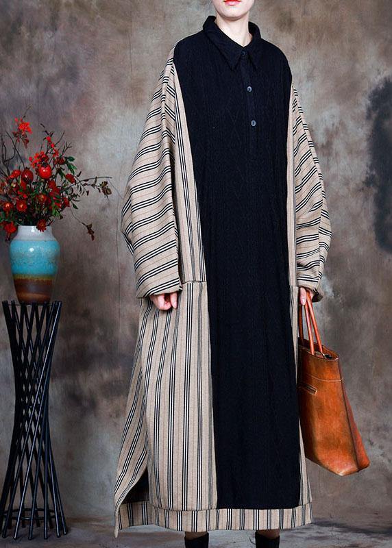 French Black Patchwork Striped Button Fall Sweater Dress - Omychic