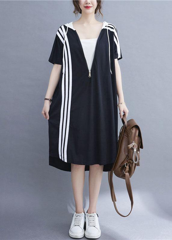 French Black Patchwork Striped low high design Ankle Dress Summer - Omychic