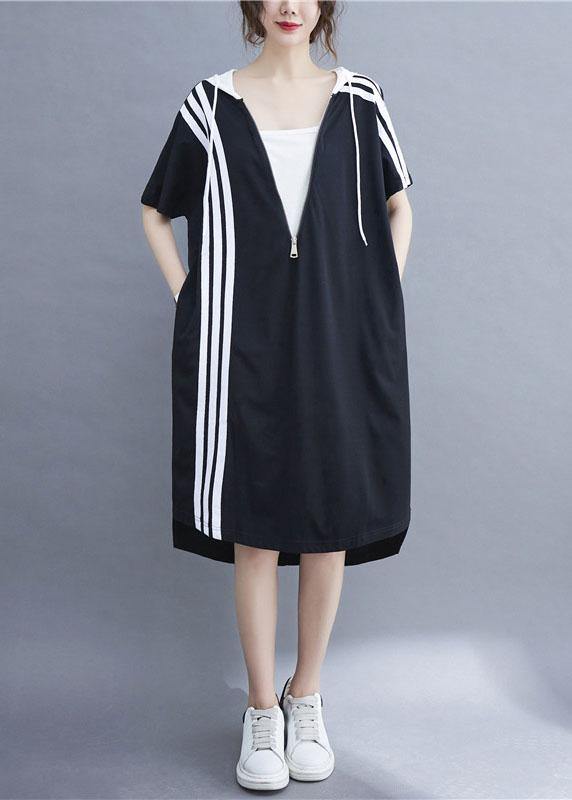 French Black Patchwork Striped low high design Ankle Dress Summer - Omychic