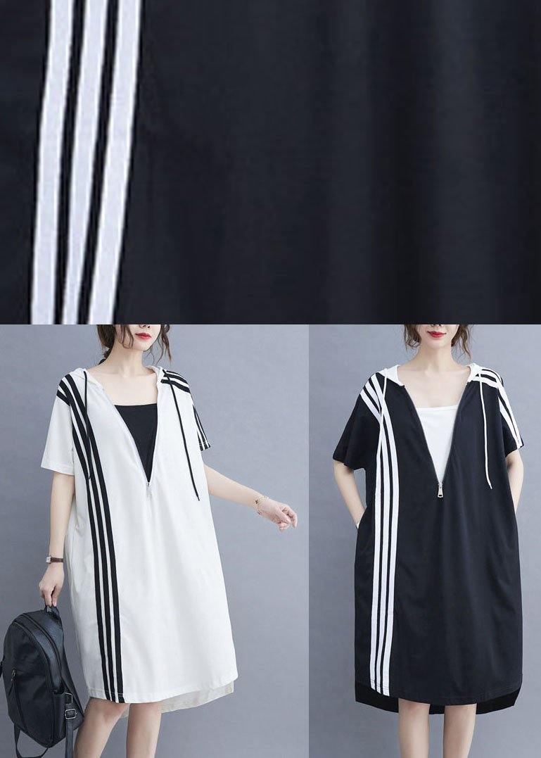 French Black Patchwork Striped low high design Ankle Dress Summer - Omychic