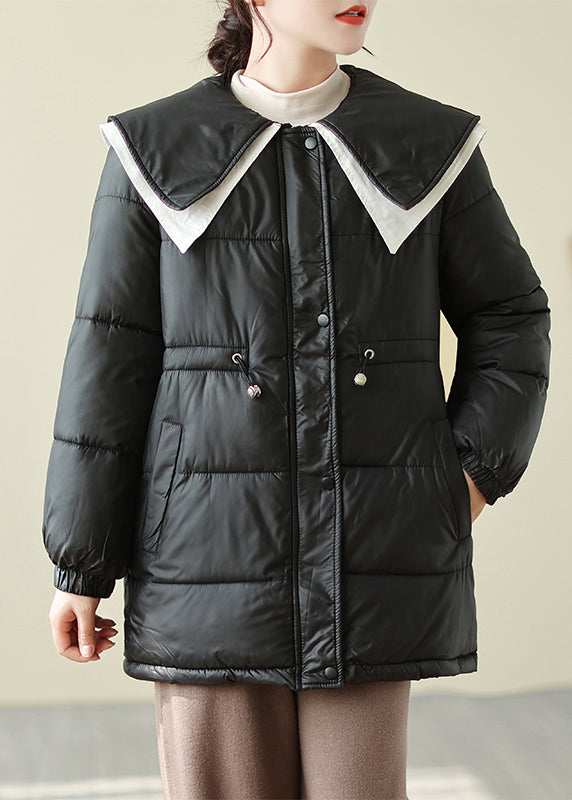 French Black Peter Pan Collar Drawstring Fine Cotton Filled Puffer Jacket Winter
