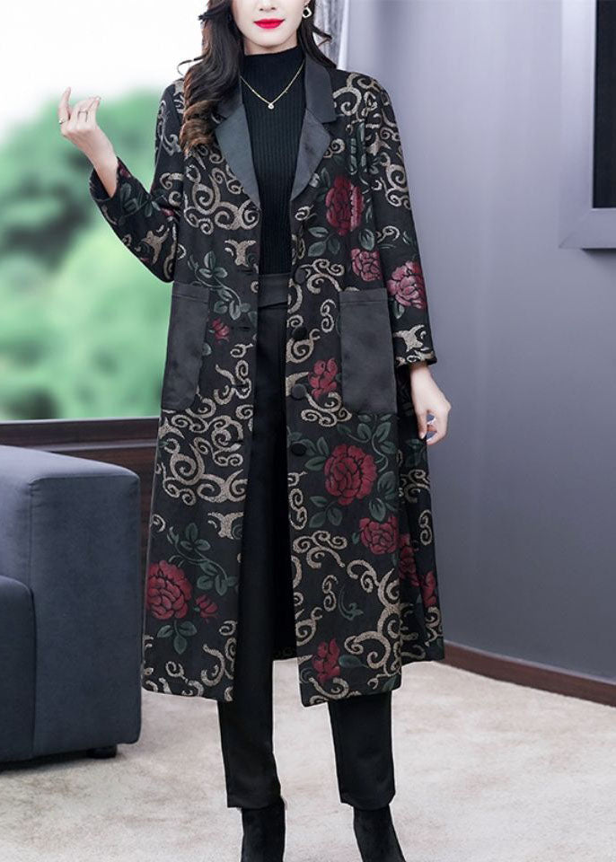 French Black Peter Pan Collar Patchwork Pockets Print Trench Coat Fall