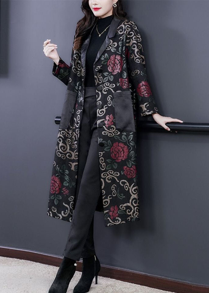 French Black Peter Pan Collar Patchwork Pockets Print Trench Coat Fall