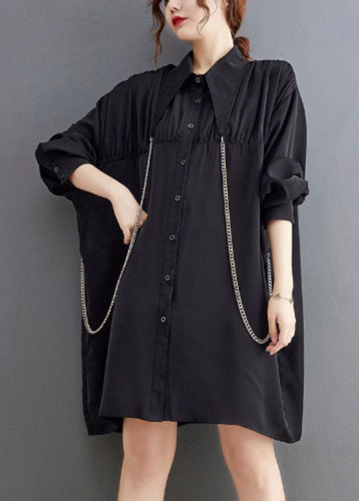 French Black Peter Pan Collar Patchwork Shirt Dresses Spring