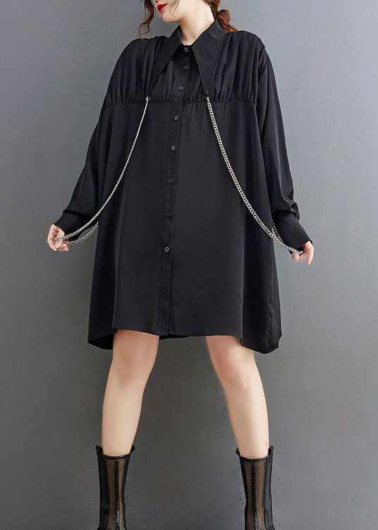 French Black Peter Pan Collar Patchwork Shirt Dresses Spring