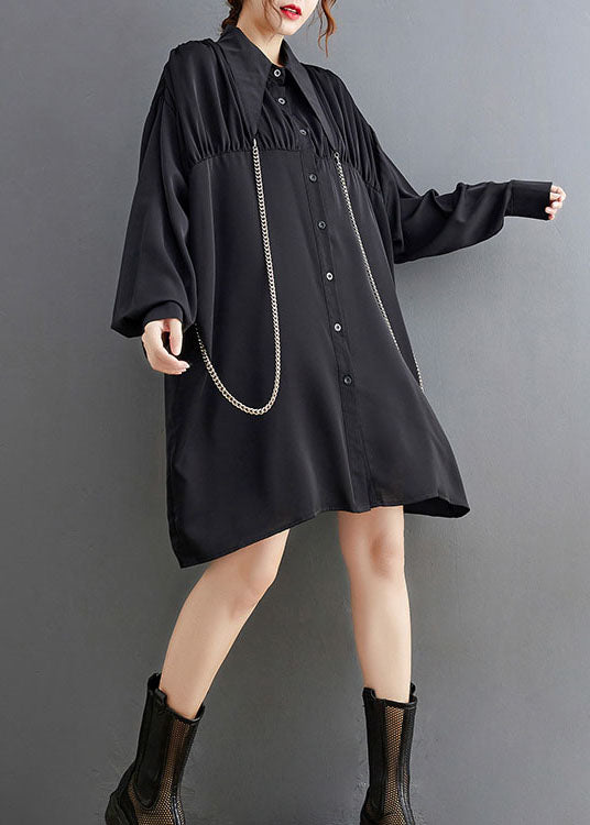 French Black Peter Pan Collar Patchwork Shirt Dresses Spring