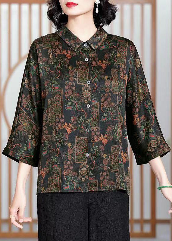 French Black Peter Pan Collar Print Button Silk Shirts Bracelet Sleeve