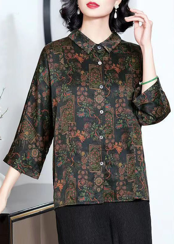 French Black Peter Pan Collar Print Button Silk Shirts Bracelet Sleeve