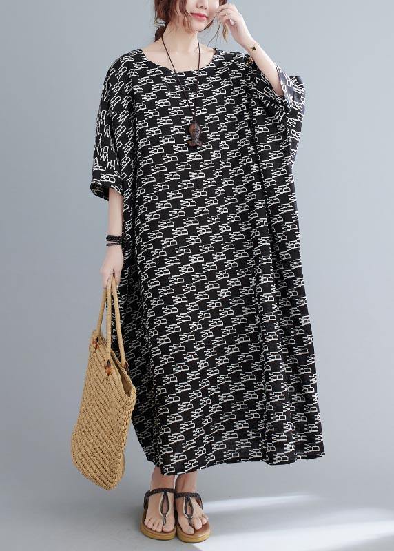 French Black Print Batwing Sleeve Loose Long Summer Cotton Dress - Omychic