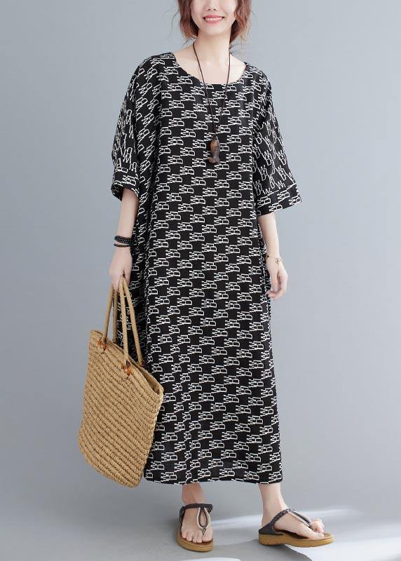 French Black Print Batwing Sleeve Loose Long Summer Cotton Dress - Omychic