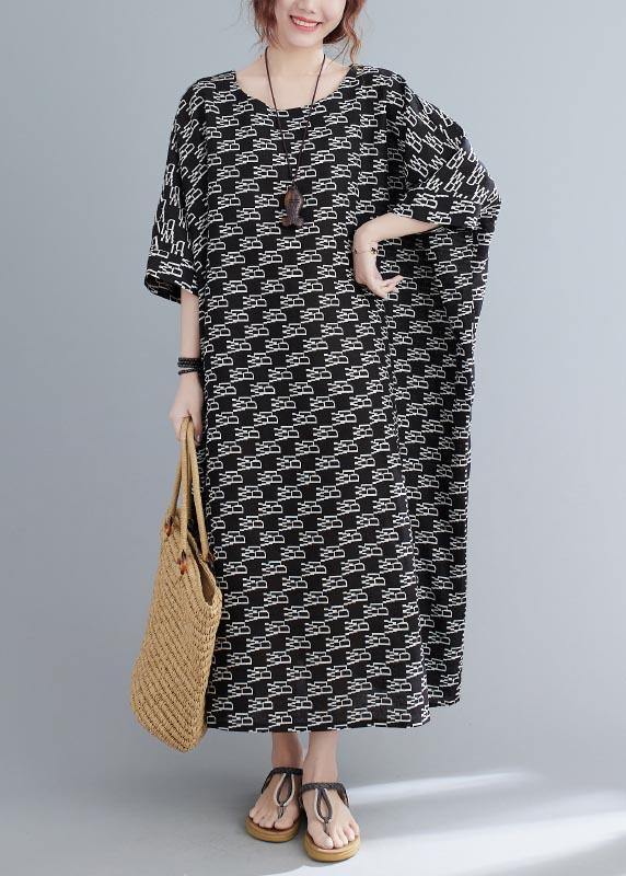 French Black Print Batwing Sleeve Loose Long Summer Cotton Dress - Omychic