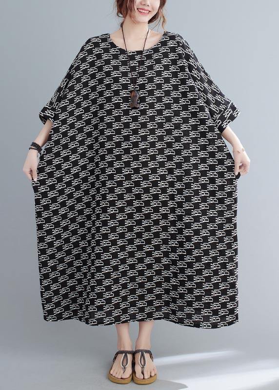 French Black Print Batwing Sleeve Loose Long Summer Cotton Dress - Omychic