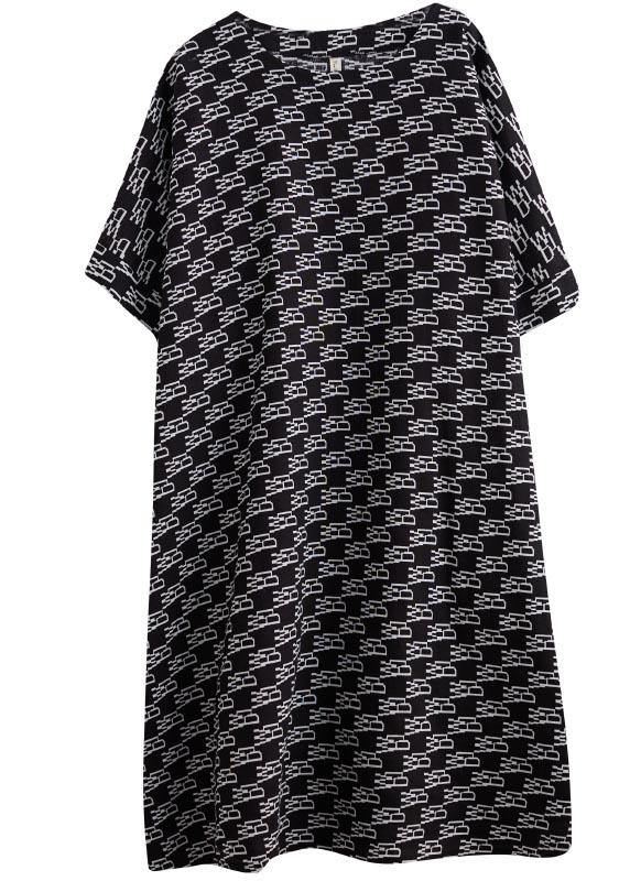 French Black Print Batwing Sleeve Loose Long Summer Cotton Dress - Omychic