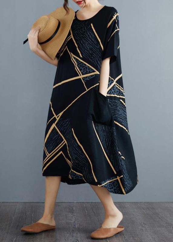 French Black Print Half Sleeve Maxi Summer Cotton Linen Dress - Omychic