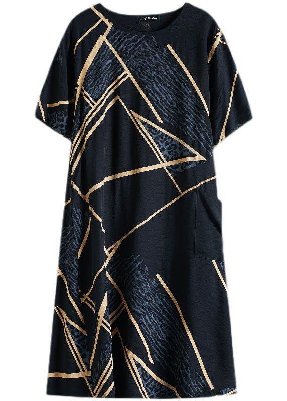 French Black Print Half Sleeve Maxi Summer Cotton Linen Dress - Omychic