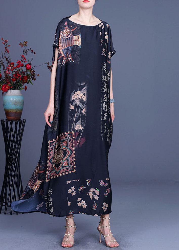 French Black Print Side open Silk Long Dress Summer - Omychic