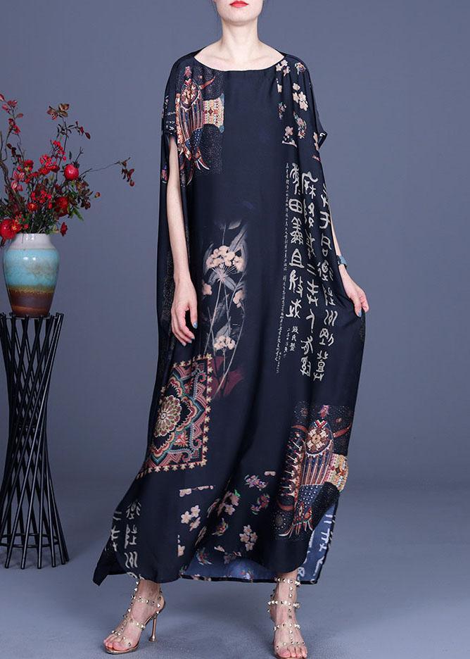 French Black Print Side open Silk Long Dress Summer - Omychic
