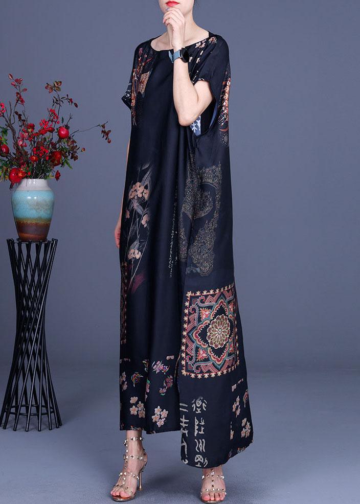 French Black Print Side open Silk Long Dress Summer - Omychic