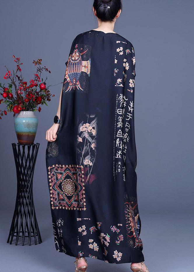 French Black Print Side open Silk Long Dress Summer - Omychic