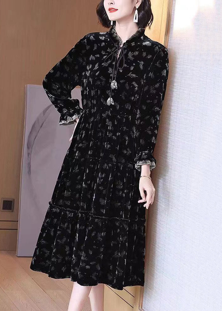 French Black Ruffled Lace Up Print Silk Velour Long Dress Spring