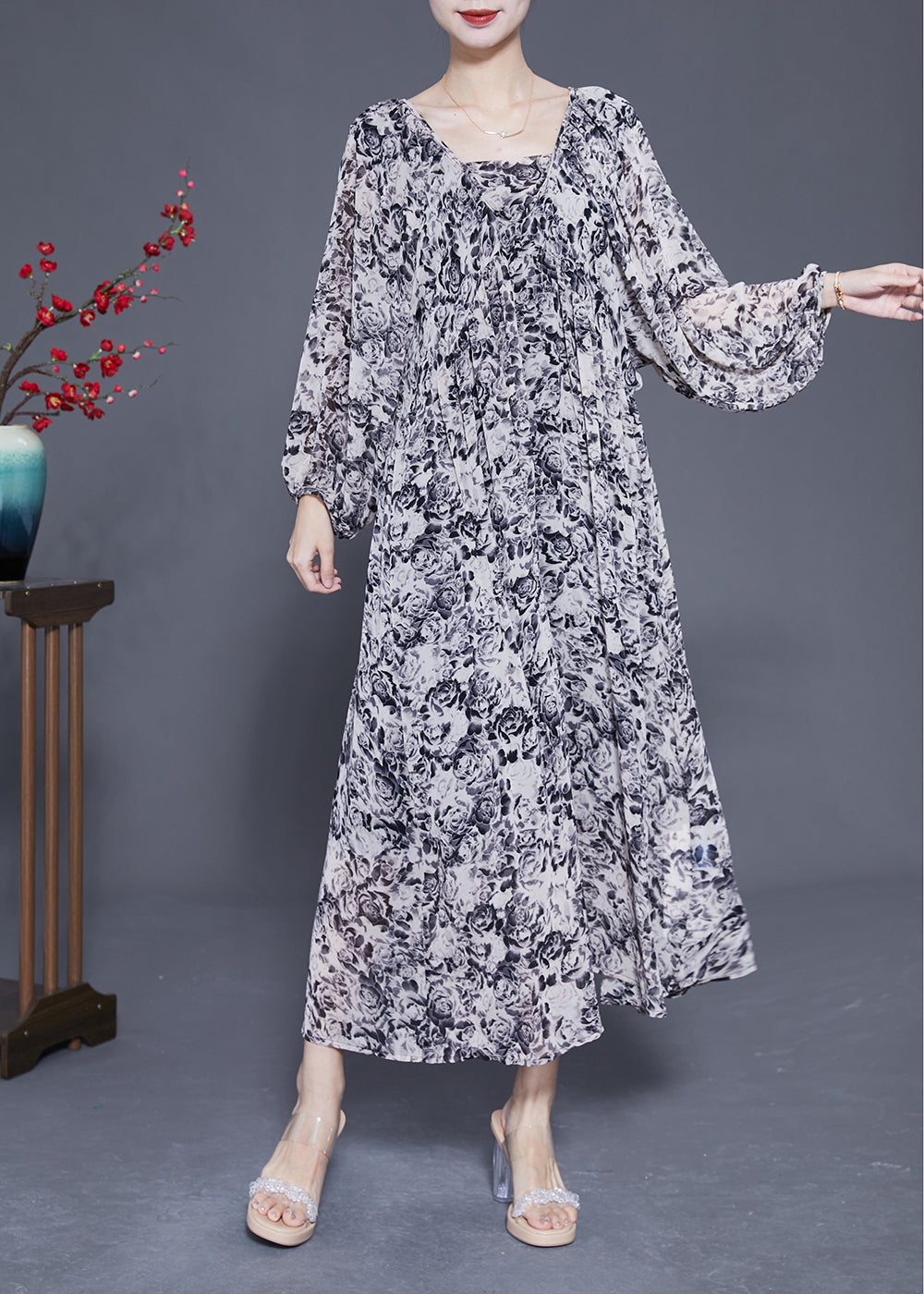 French Black Square Collar Oversized Print Chiffon Long Dress Lantern Sleeve