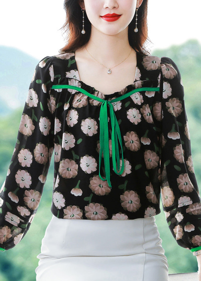 French Black Square Collar Print Chiffon Blouse Top Summer