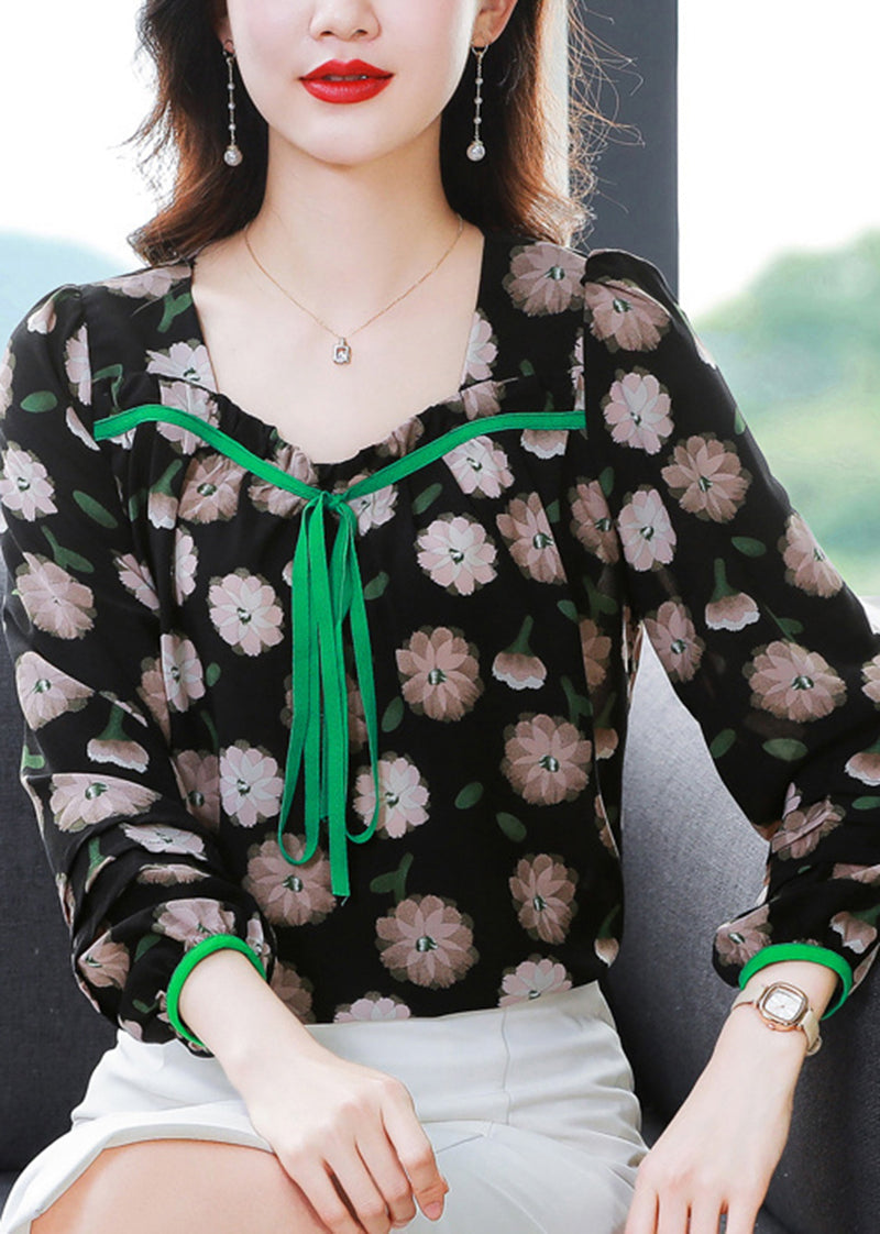 French Black Square Collar Print Chiffon Blouse Top Summer