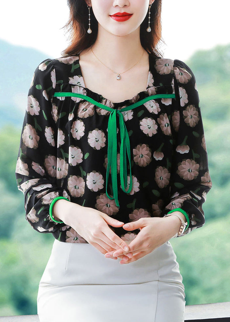 French Black Square Collar Print Chiffon Blouse Top Summer