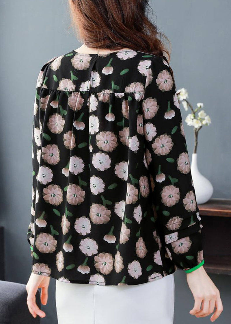 French Black Square Collar Print Chiffon Blouse Top Summer