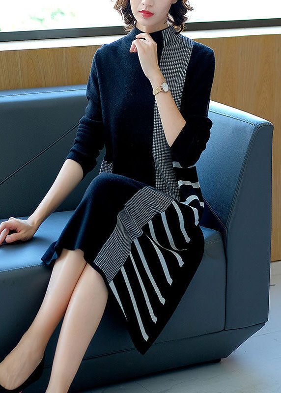 French Black Stand Collar Patchwork Striped Knit Sweater Dress Winter