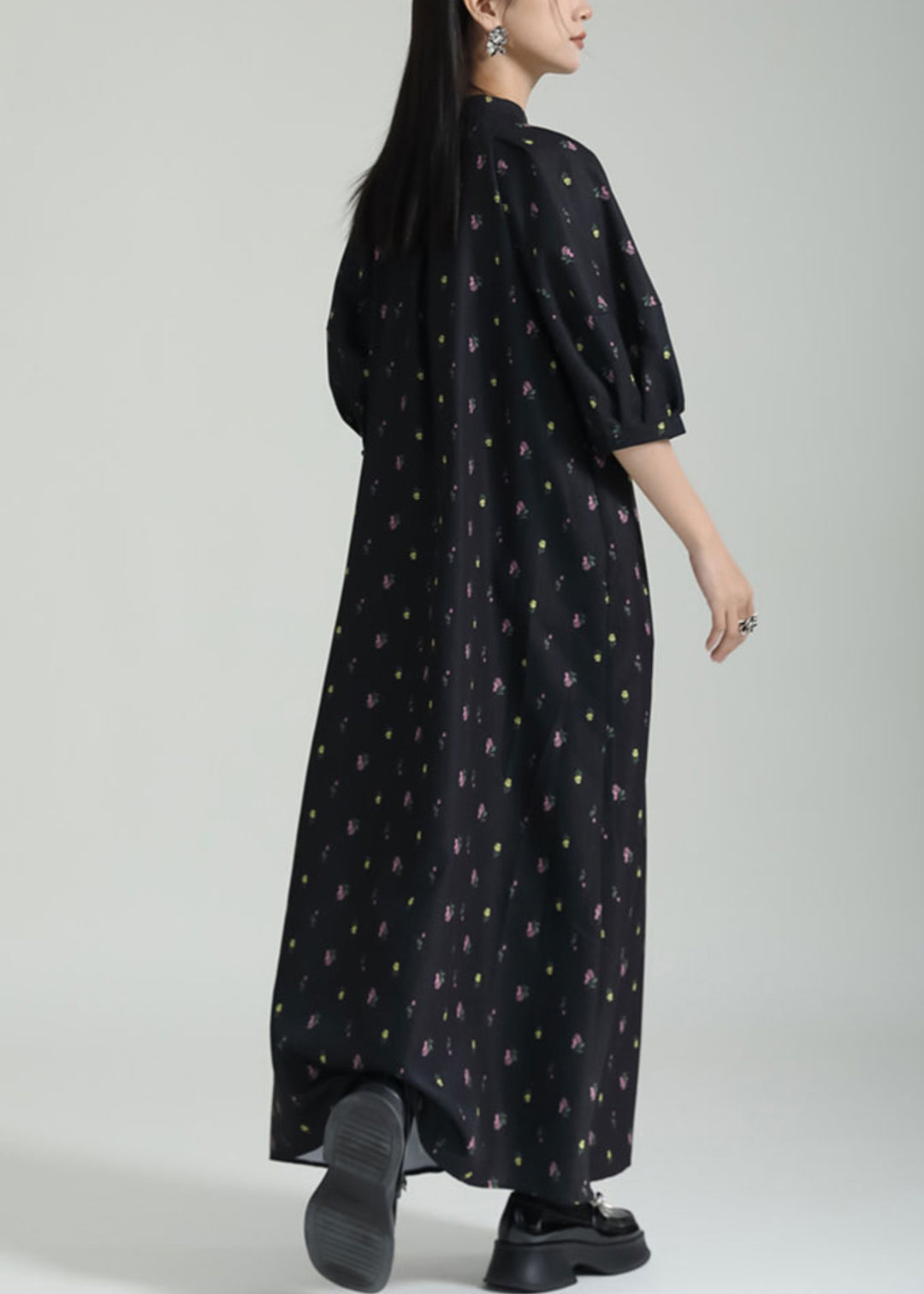 French Black Stand Collar Print Chiffon Shirts Long Dress Summer