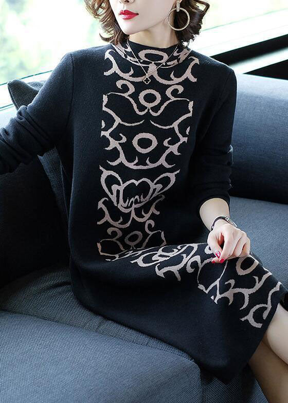 French Black Stand Collar Print Knit Sweater Dress Winter