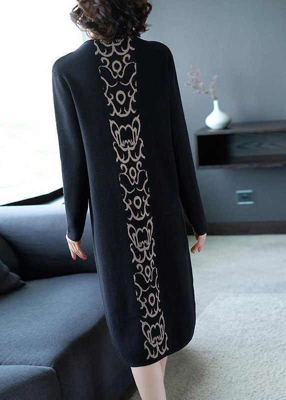 French Black Stand Collar Print Knit Sweater Dress Winter