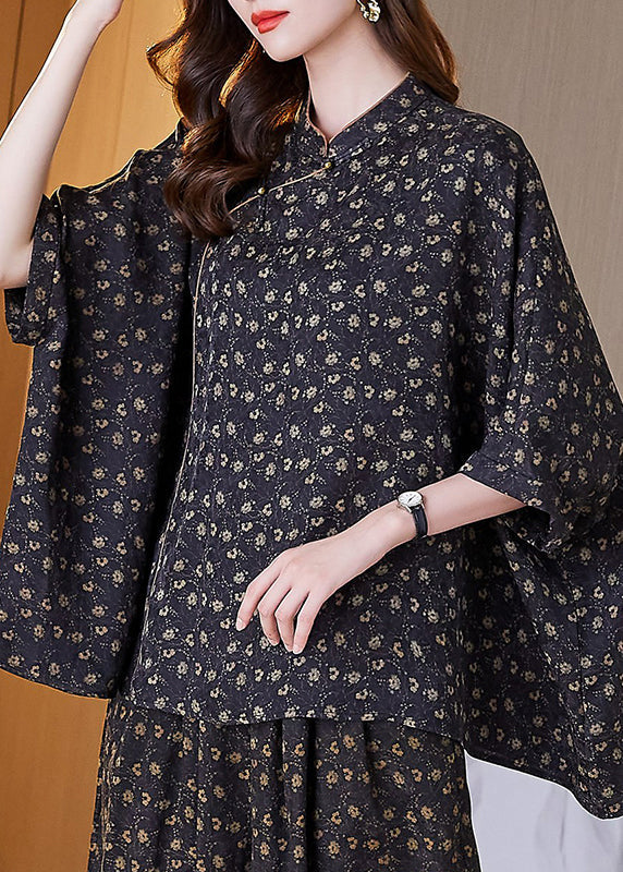 French Black Stand Collar Print Silk Shirt Top Batwing Sleeve