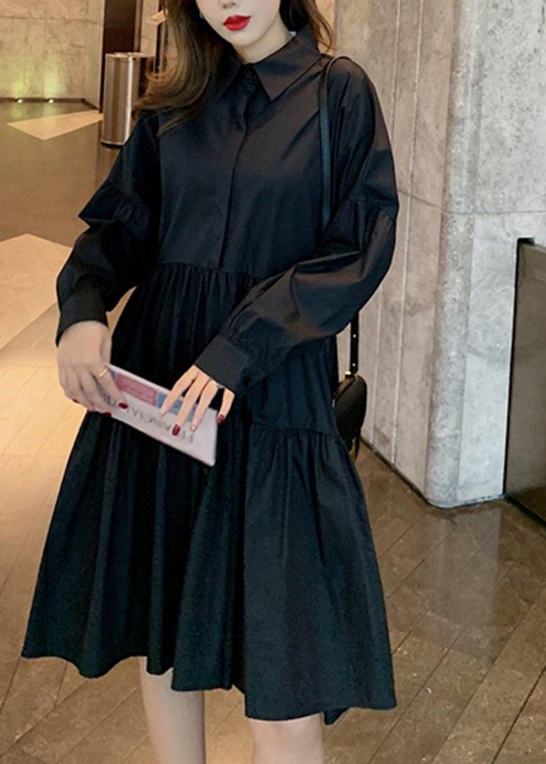 French Black Stand Collar Spring Robe Dresses - Omychic
