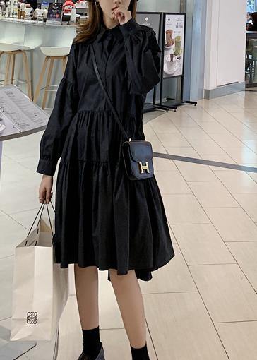 French Black Stand Collar Spring Robe Dresses - Omychic