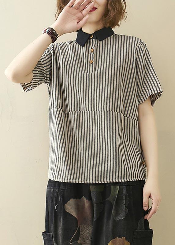 French Black Striped Turn-down Collar Linen Summer Top - Omychic