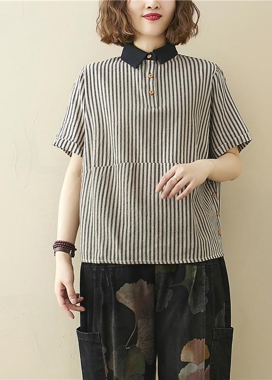 French Black Striped Turn-down Collar Linen Summer Top - Omychic