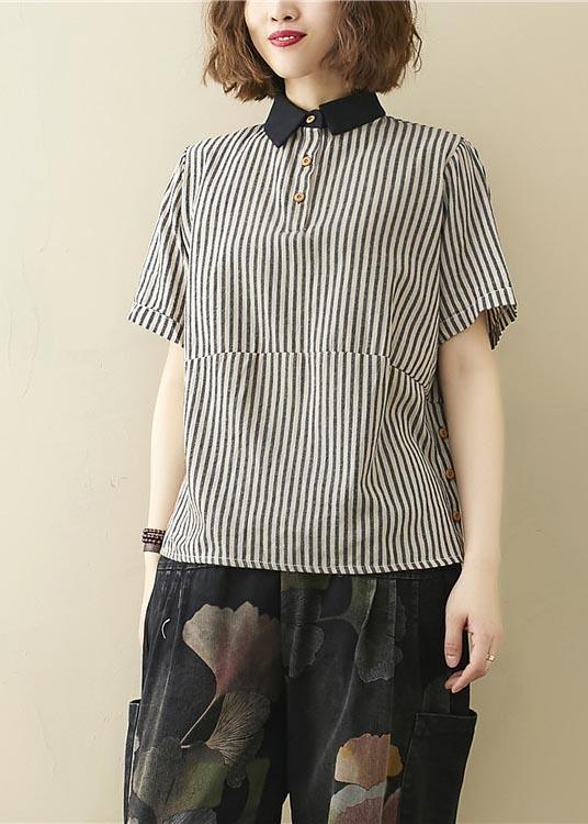 French Black Striped Turn-down Collar Linen Summer Top - Omychic