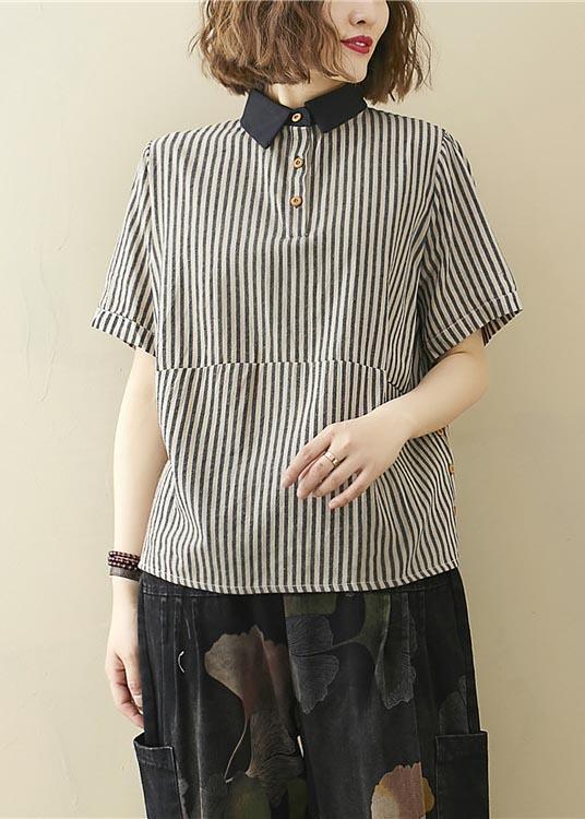 French Black Striped Turn-down Collar Linen Summer Top - Omychic