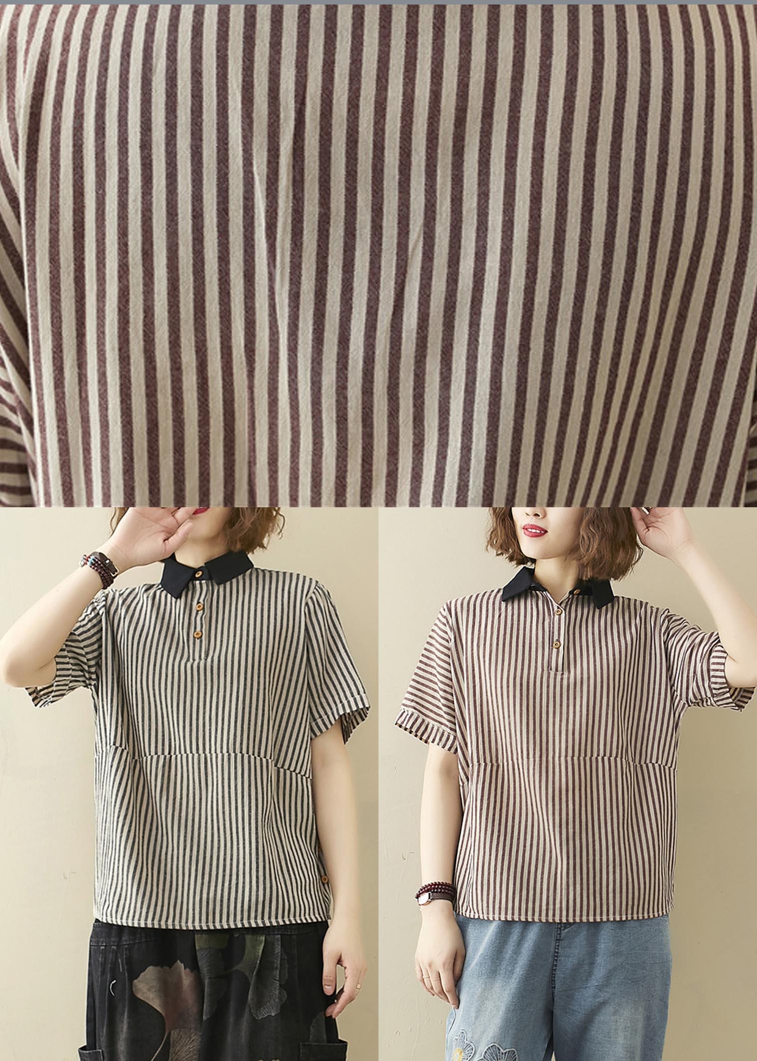 French Black Striped Turn-down Collar Linen Summer Top - Omychic