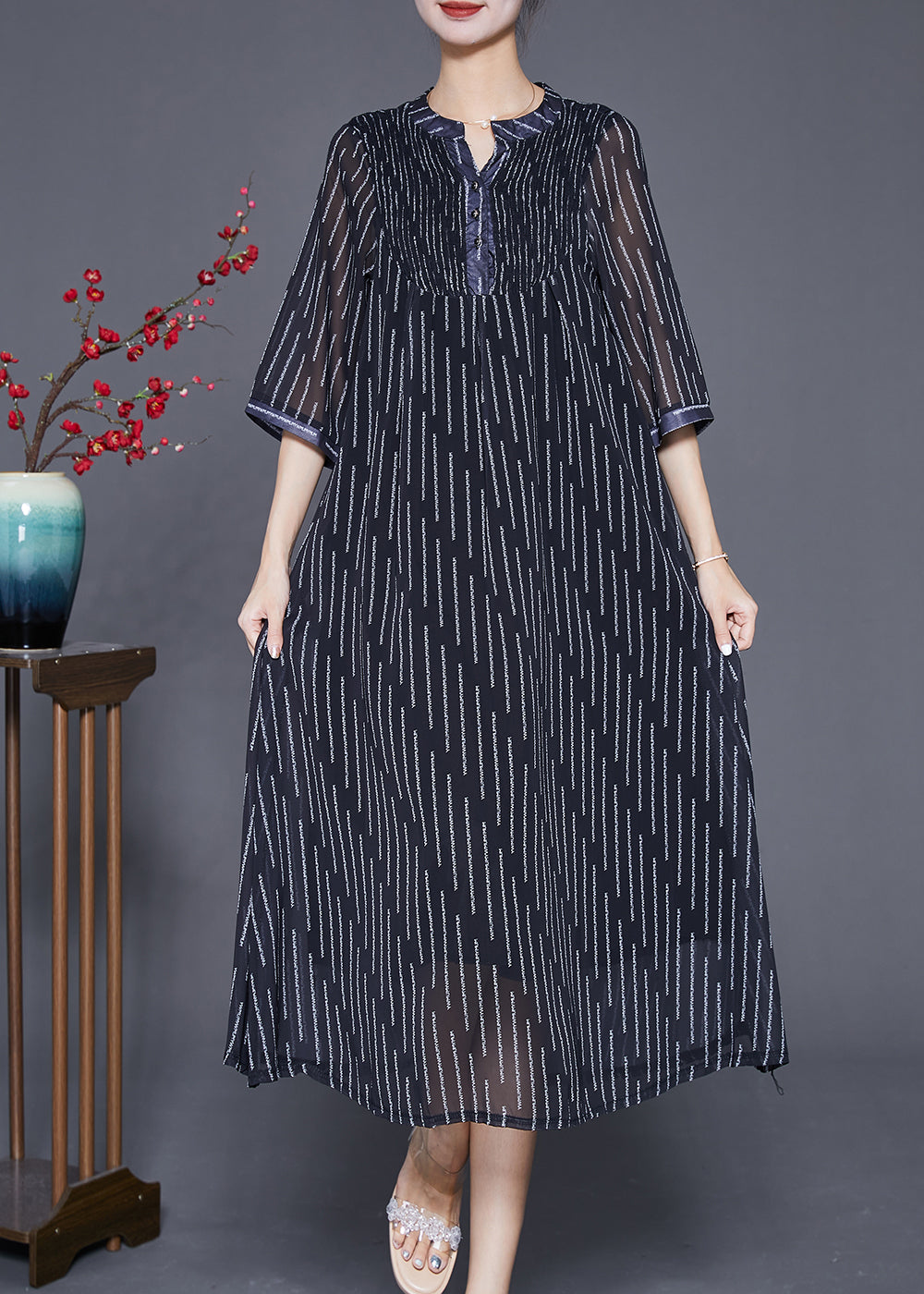 French Black Striped Wrinkled Draping Chiffon Dresses Summer