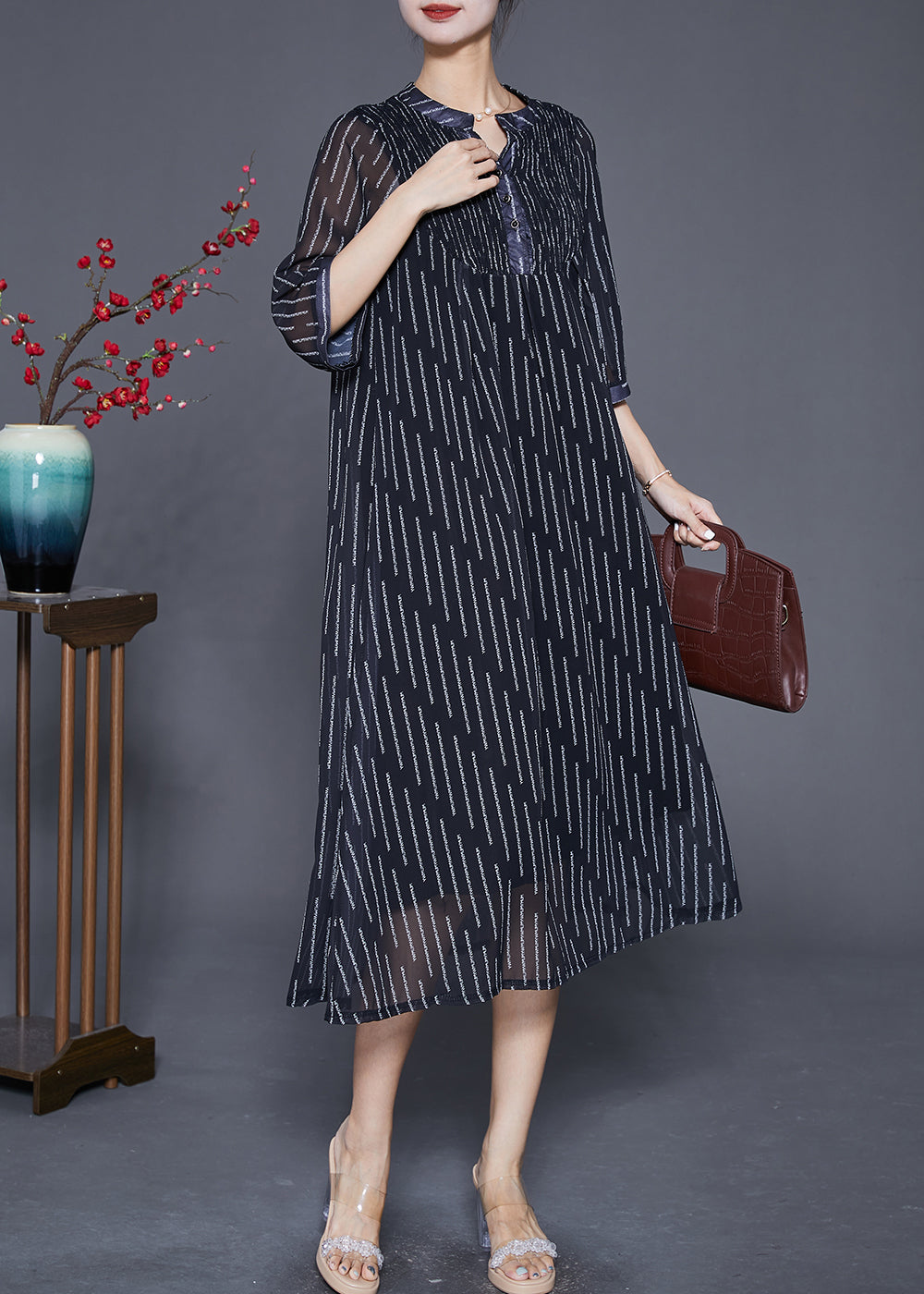 French Black Striped Wrinkled Draping Chiffon Dresses Summer