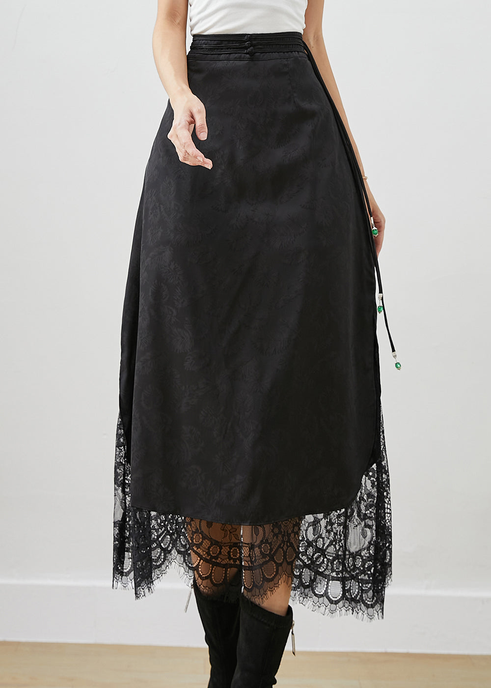 French Black Tasseled Patchwork Lace Silk Skirt Fall